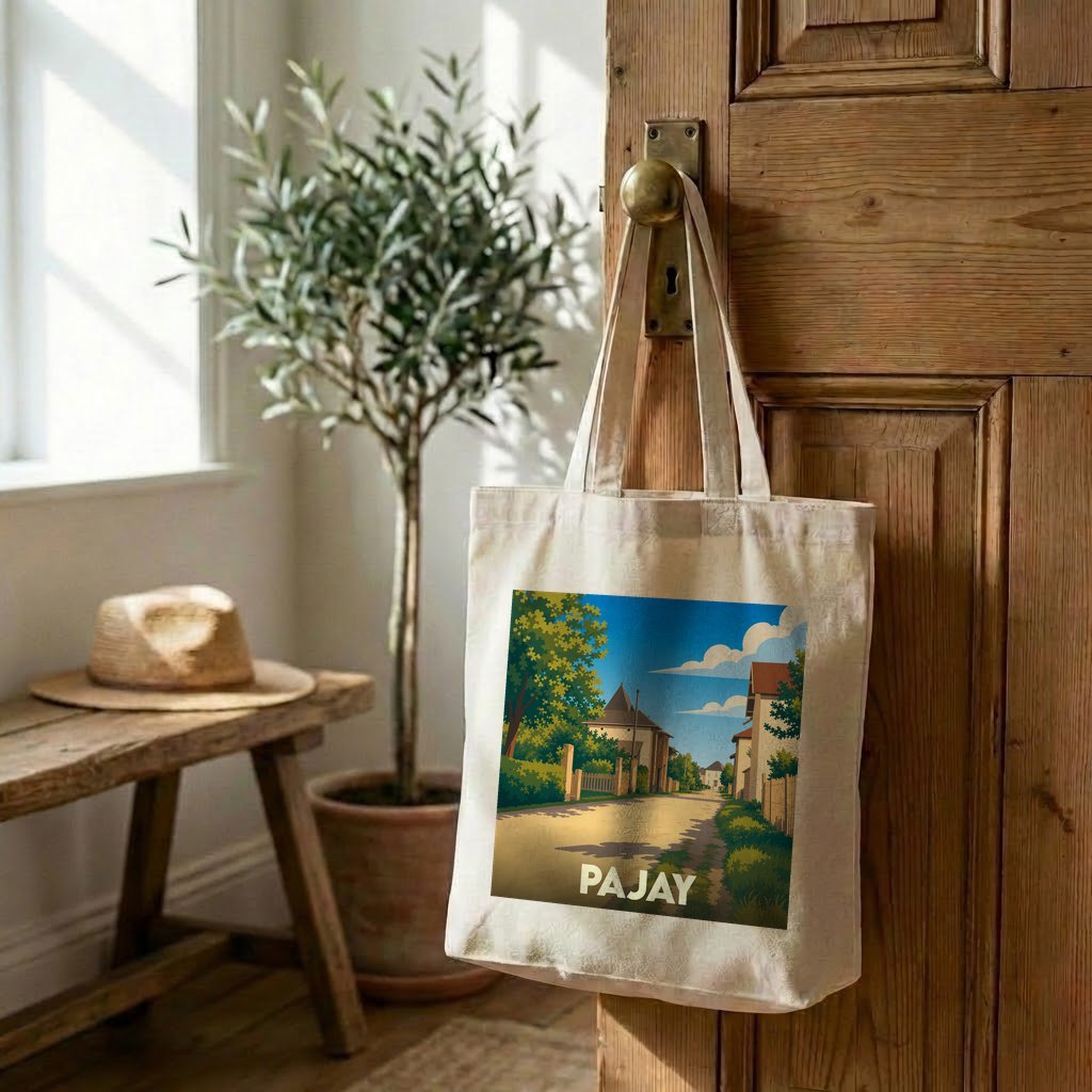 Tote bag souvenir de la ville de Pajay avec une illustration stylisée.