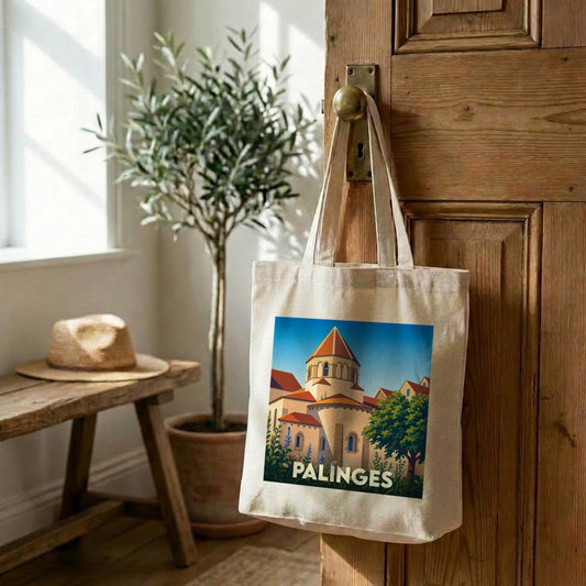 Tote bag souvenir de la ville de Palinges avec une illustration stylisée de son église romane.