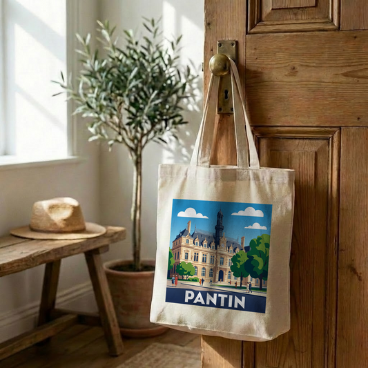 Tote bag souvenir de la ville de Pantin avec une illustration stylisée et colorée.