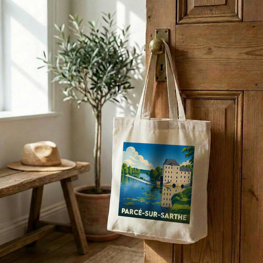Tote bag souvenir de la ville de Parcé-sur-Sarthe avec une illustration stylisée d'un moulin au bord de l'eau.
