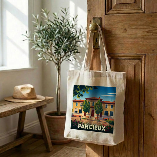 Tote bag souvenir de la ville de Parcieux avec une illustration stylisée d'un bâtiment emblématique.