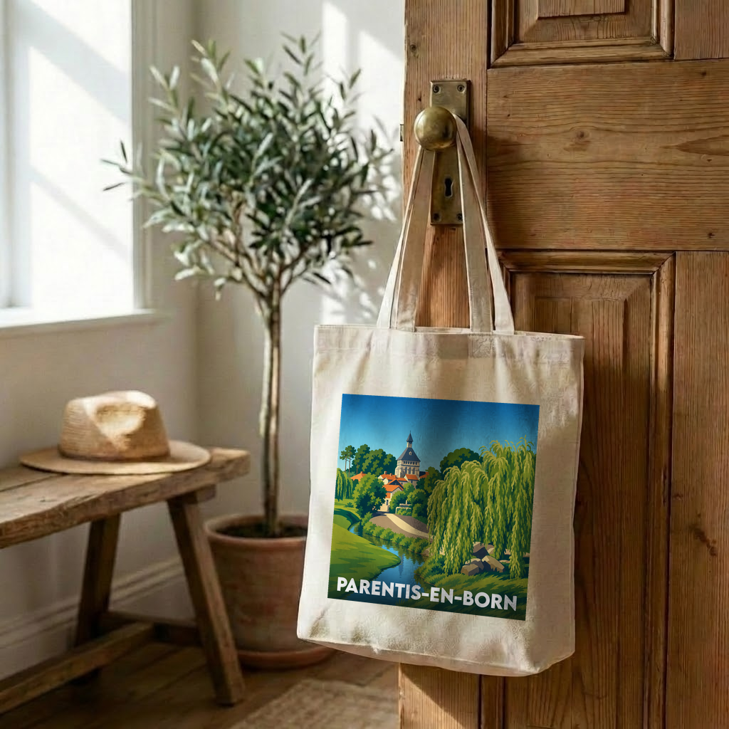 Tote bag souvenir de la ville de Parentis-en-Born avec une illustration stylisée.
