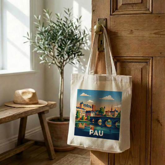 Tote bag souvenir de la ville de Pau avec une illustration stylisée.