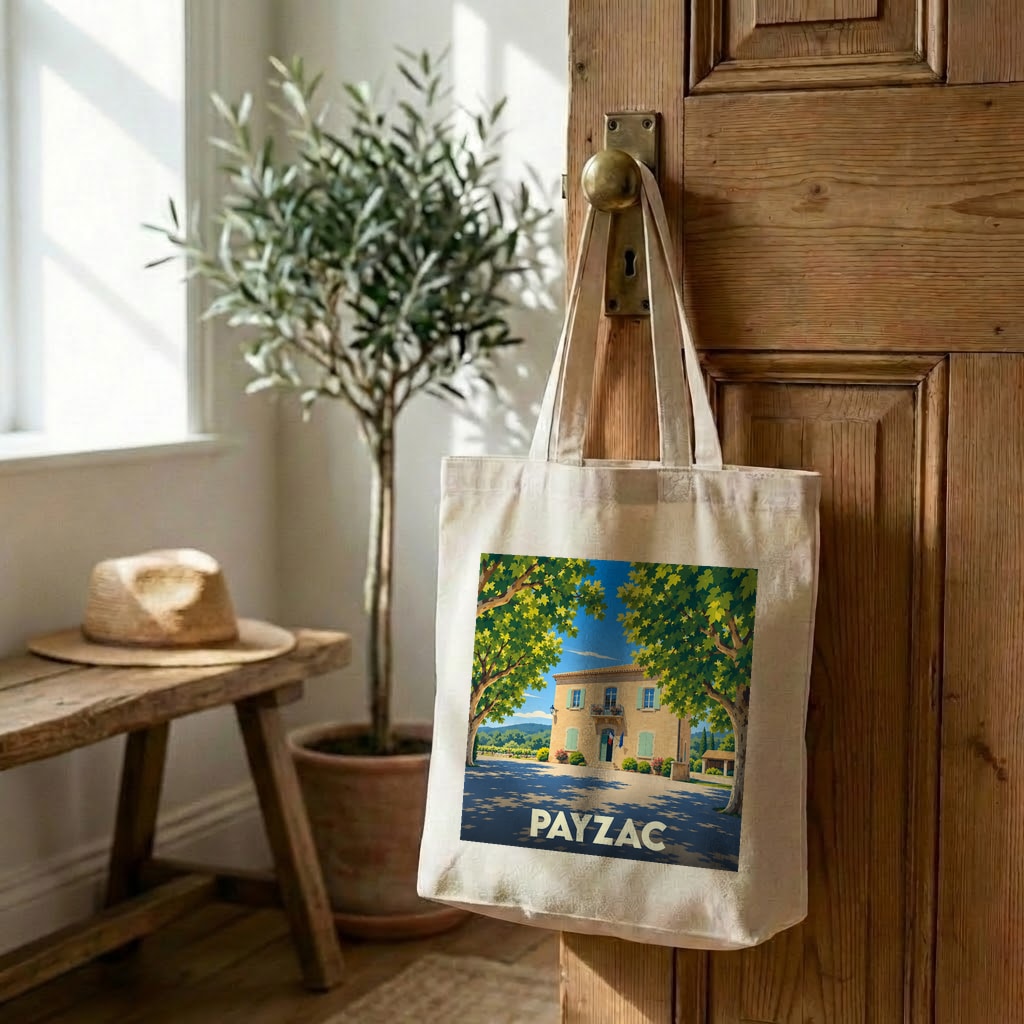 Tote bag souvenir de la ville de Payzac avec une illustration stylisée d'une bâtisse ensoleillée.