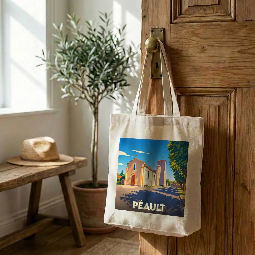 Tote bag souvenir de la ville de Péault avec une illustration stylisée d'une église.