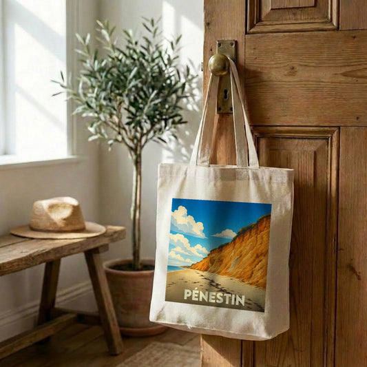 Tote bag souvenir de la ville de Pénestin avec une illustration stylisée d'une plage et de falaises dorées.