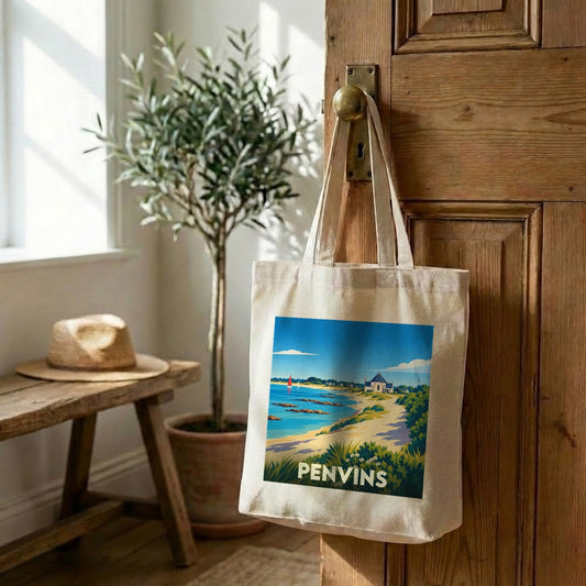 Tote bag souvenir de la ville de Penvins avec une illustration stylisée du bord de mer.