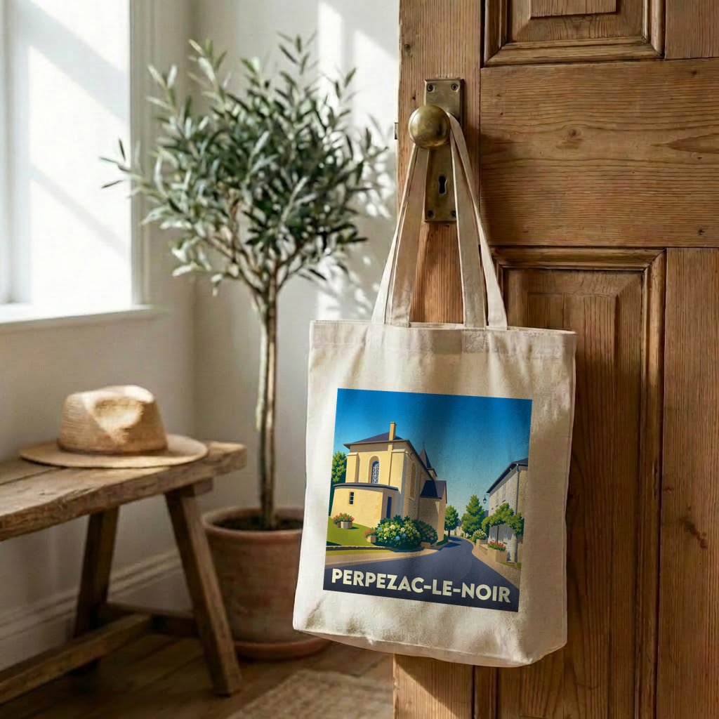 Tote bag souvenir de la ville de Perpezac-le-Noir avec une illustration stylisée.