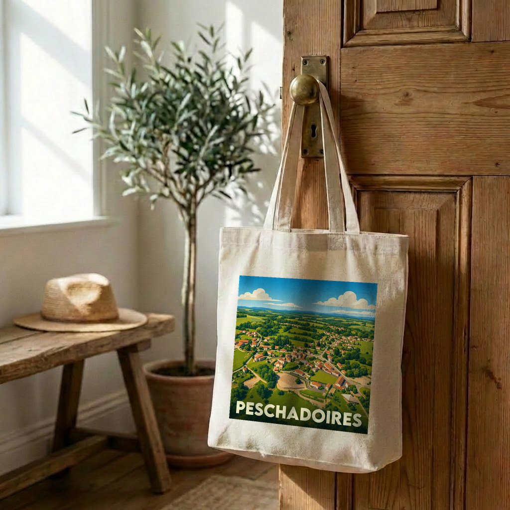 Tote bag souvenir de la ville de Peschadoires avec une illustration panoramique stylisée.