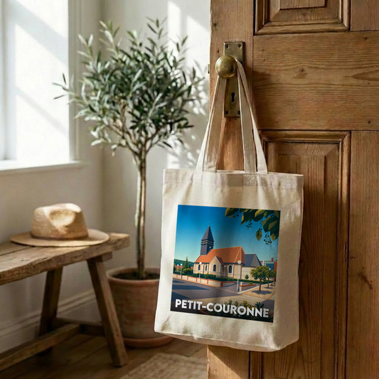 Tote bag souvenir de la ville de Petit-Couronne avec une illustration stylisée.