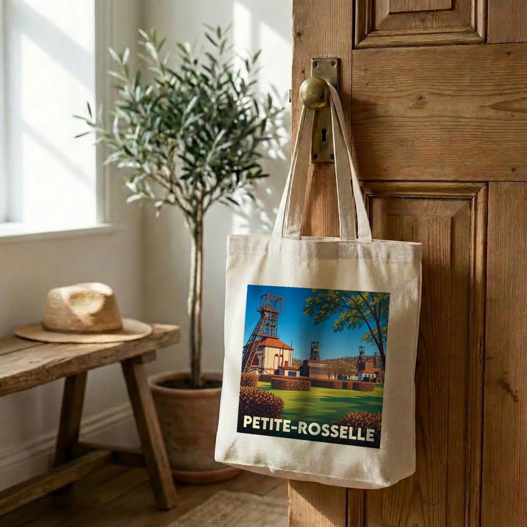 Tote bag souvenir de la ville de Petite-Rosselle avec une illustration stylisée.