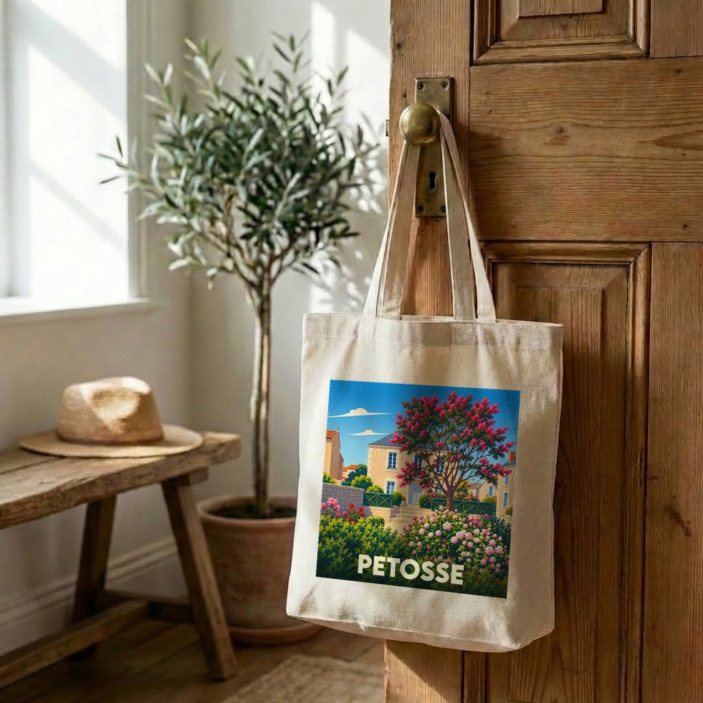 Sac cabas souvenir de la ville de Petosse avec une illustration colorée et fleurie.