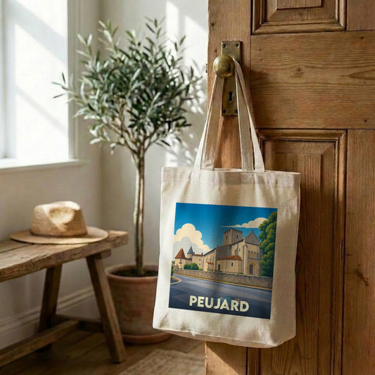 Tote bag souvenir de la ville de Peujard avec une illustration stylisée.