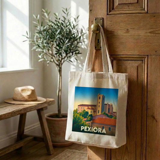 Tote bag souvenir de la ville de Pexiora avec une illustration stylisée.