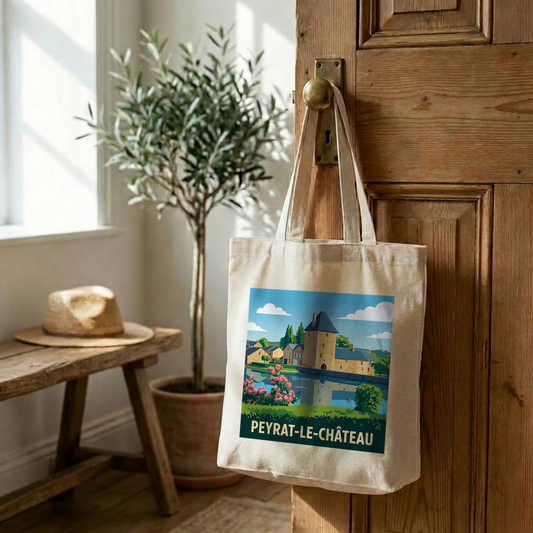 Tote bag souvenir de la ville de Peyrat-le-Château avec une illustration stylisée.