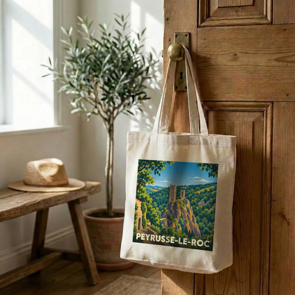 Tote bag souvenir de la ville de Peyrusse-le-Roc avec une illustration de paysage stylisée.