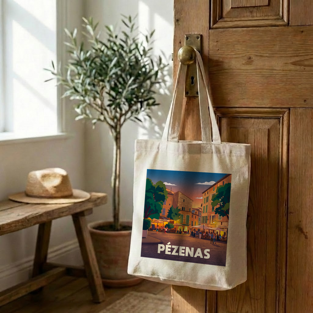 Tote bag souvenir de la ville de Pézenas avec une illustration stylisée.