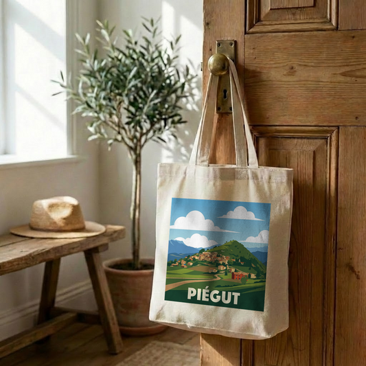 Tote bag souvenir de la ville de Piégut avec une illustration stylisée.
