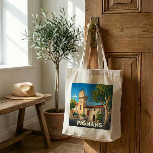 Tote bag souvenir de la ville de Pignans avec une illustration stylisée.