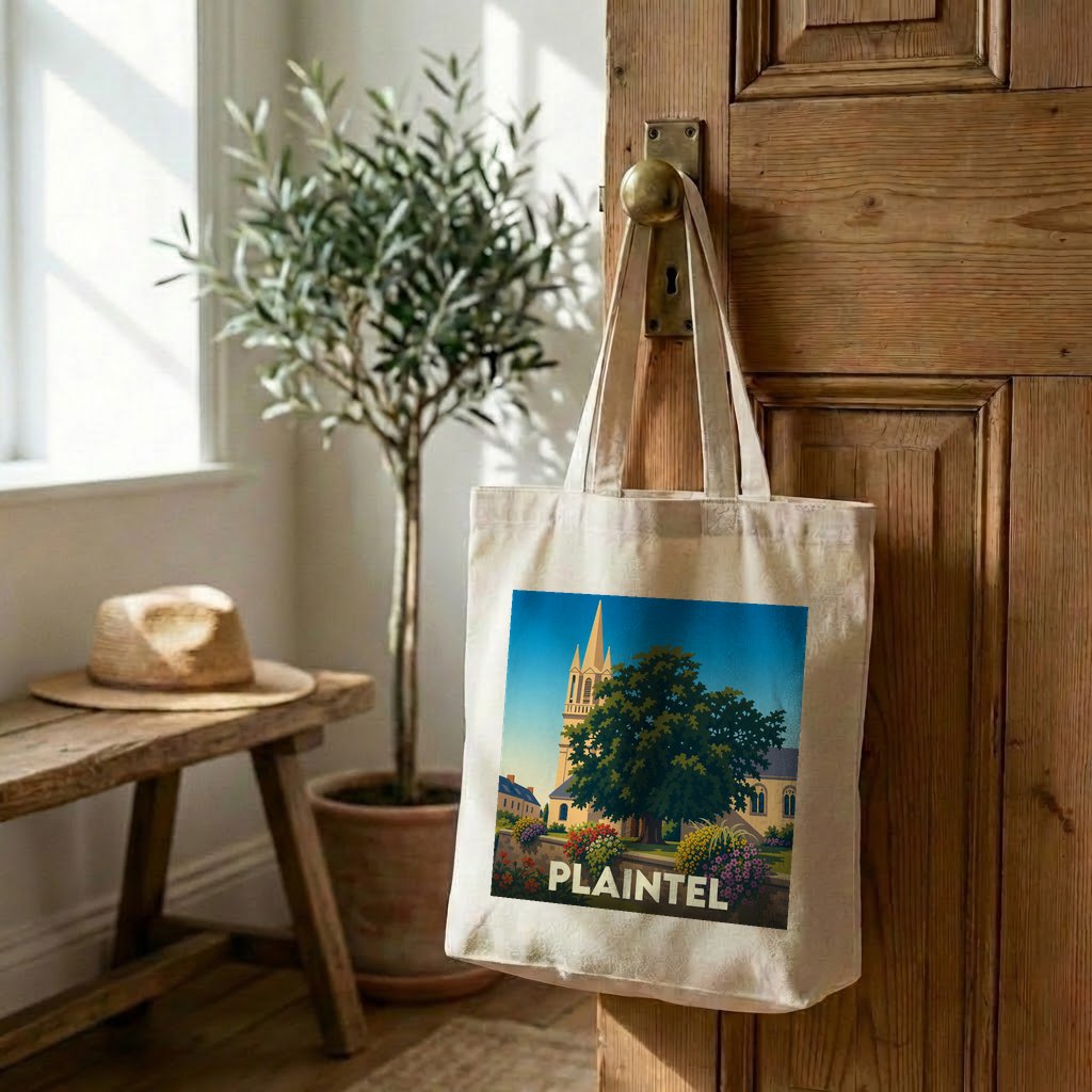 Tote bag souvenir de la ville de Plaintel avec une illustration stylisée.