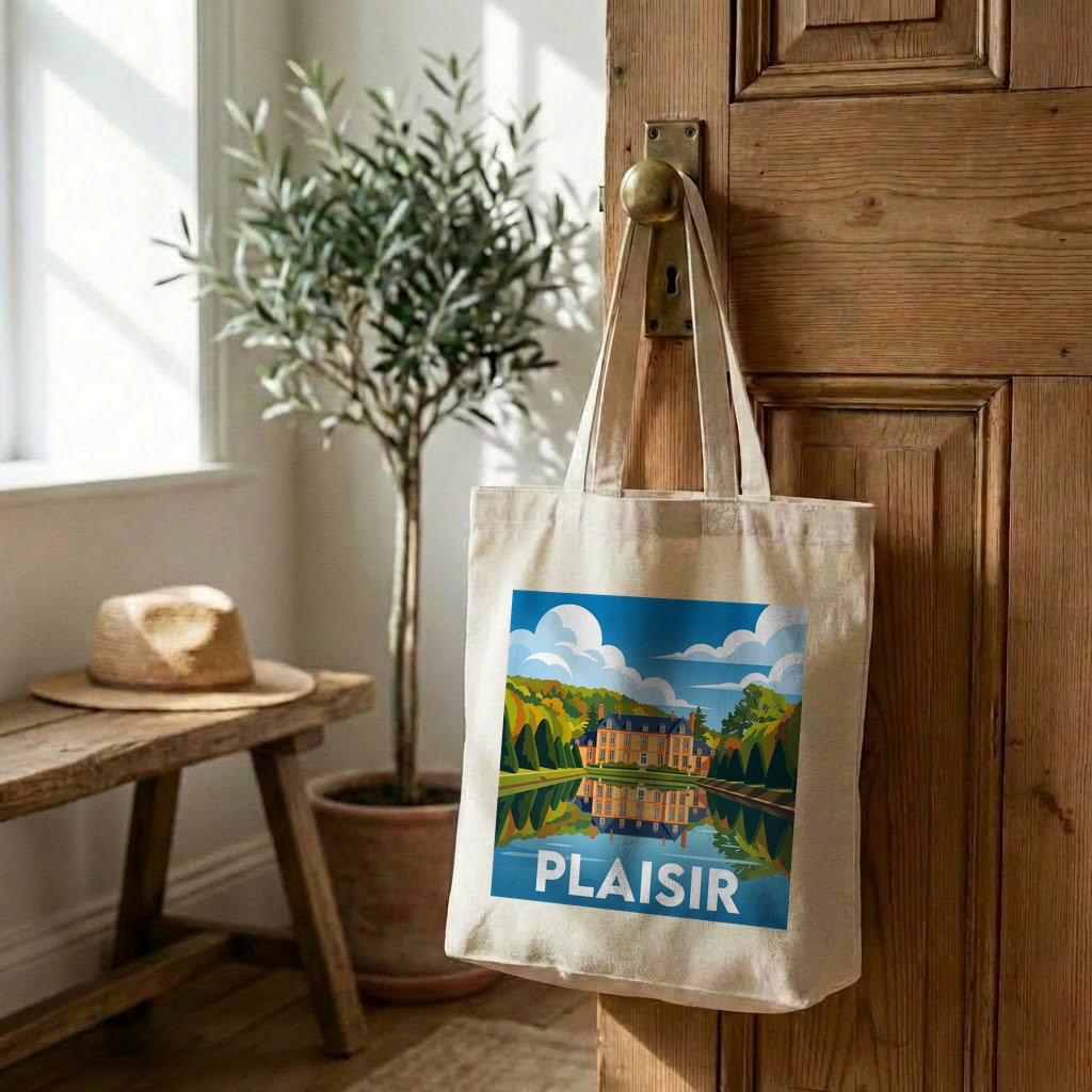 Tote bag souvenir de la ville de Plaisir avec une illustration stylisée.