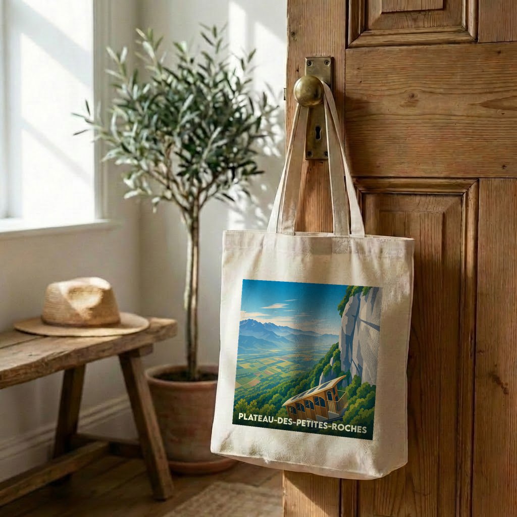 Tote bag souvenir de Plateau-des-Petites-Roches orné d'une illustration de funiculaire en montagne.