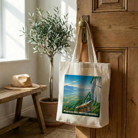 Tote bag souvenir du Plateau-des-Petites-Roches avec une illustration de funiculaire en montagne.