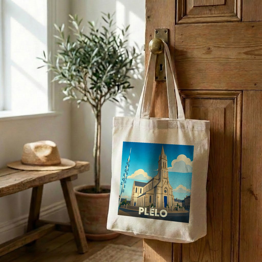 Tote bag souvenir de la ville de Plélo avec une illustration stylisée de son église.