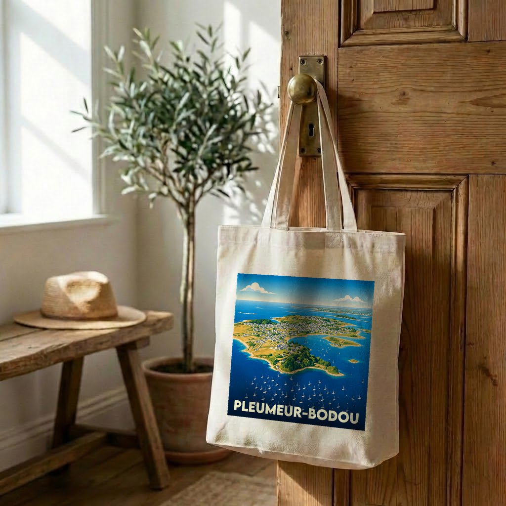 Tote bag souvenir de la ville de Pleumeur-Bodou avec une illustration stylisée du littoral.