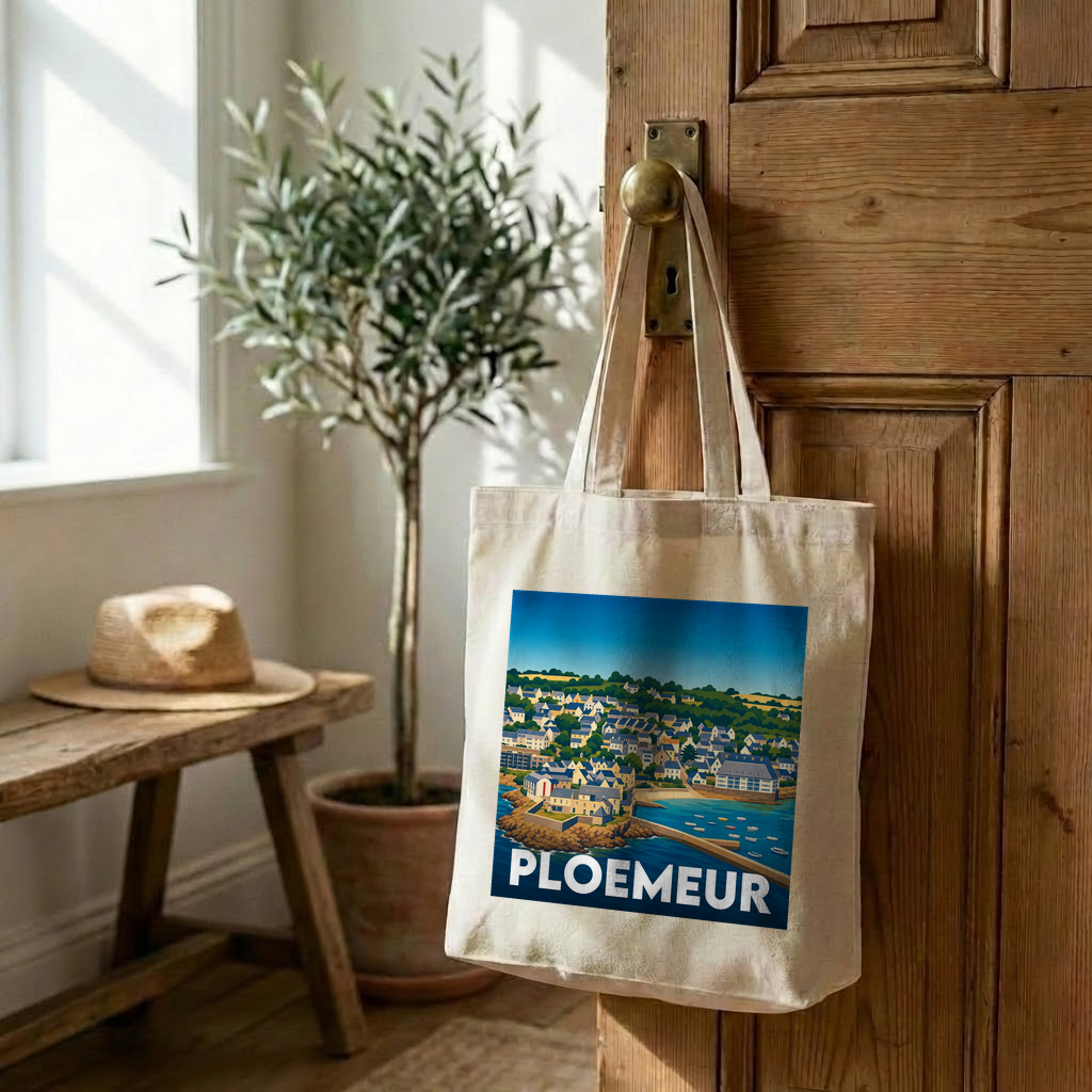 Tote bag souvenir de la ville de Ploemeur avec une illustration stylisée du littoral.