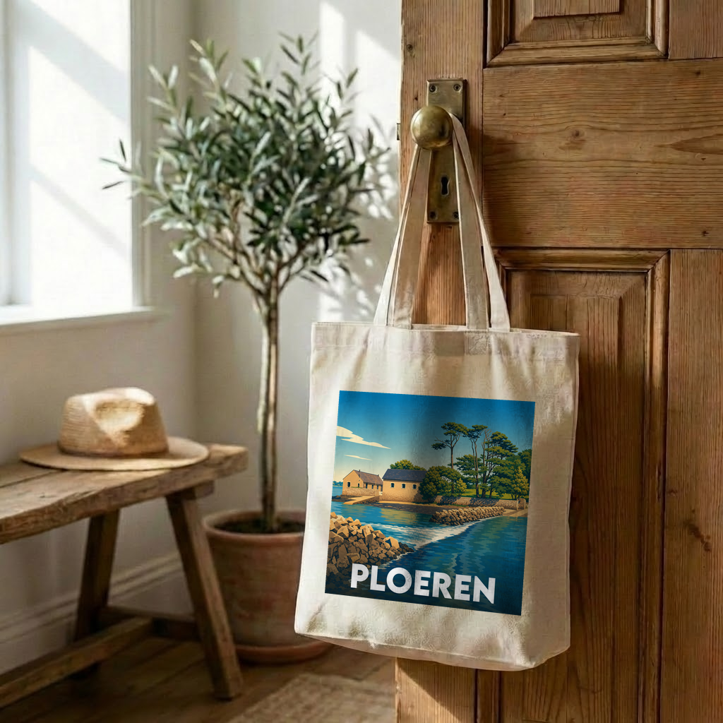 Tote bag souvenir de la ville de Ploeren avec une illustration de paysage côtier.