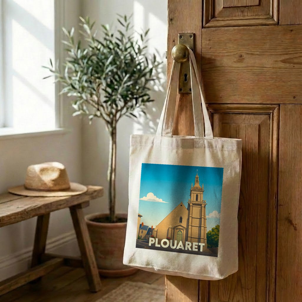 Tote bag souvenir de la ville de Plouaret avec une illustration stylisée de son église.