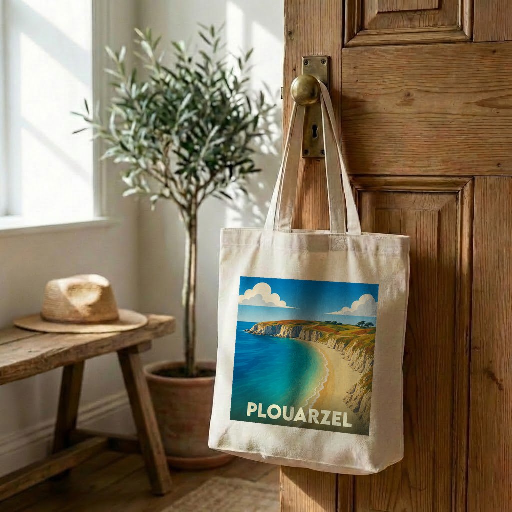 Tote bag souvenir de la ville de Plouarzel avec une illustration côtière stylisée.