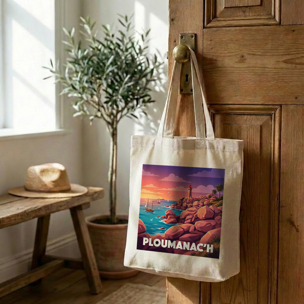 Tote bag souvenir de Ploumanac'h avec une illustration stylisée de son paysage côtier.