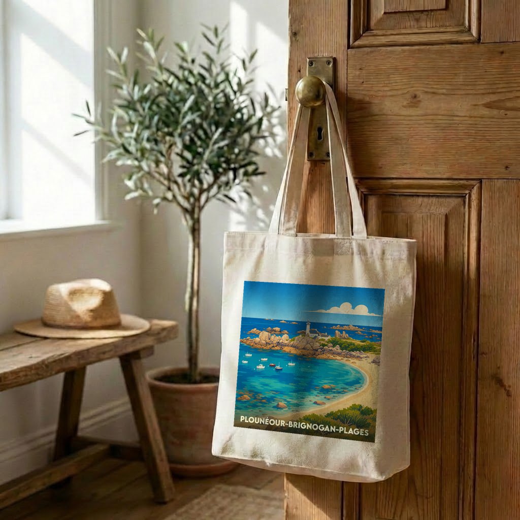 Tote bag souvenir de Plounéour-Brignogan-Plages avec une illustration stylisée de son littoral.