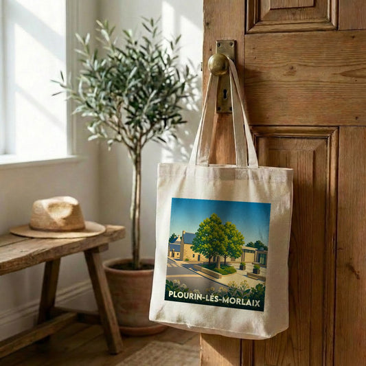 Tote bag souvenir de la ville de Plourin-lès-Morlaix avec une illustration stylisée.