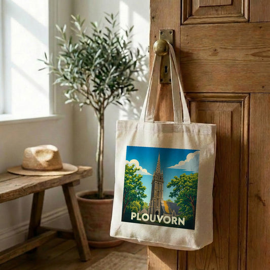 Tote bag souvenir de la ville de Plouvorn avec une illustration stylisée d'un clocher.