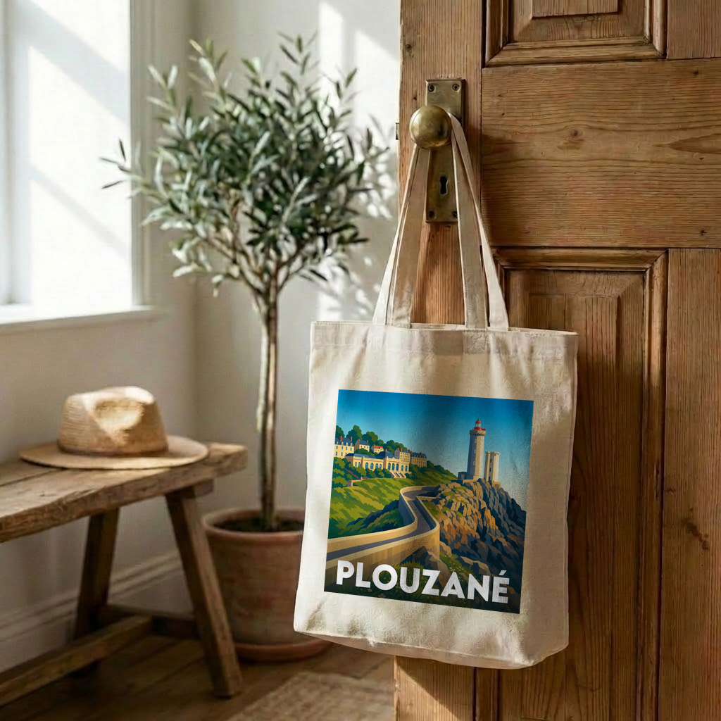 Tote bag souvenir de la ville de Plouzané avec une illustration stylisée.