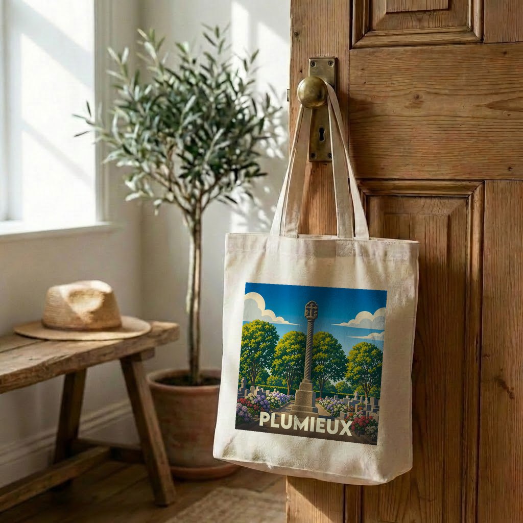 Tote bag souvenir de la ville de Plumieux avec une illustration stylisée.
