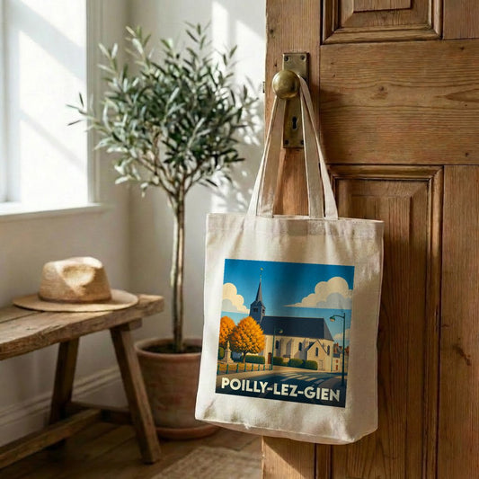 Tote bag souvenir de la ville de Poilly-lez-Gien avec une illustration stylisée.