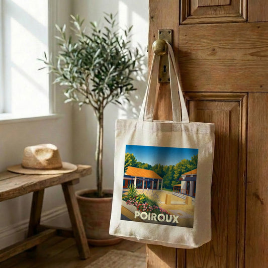 Tote bag souvenir de la ville de Poiroux avec une illustration stylisée.
