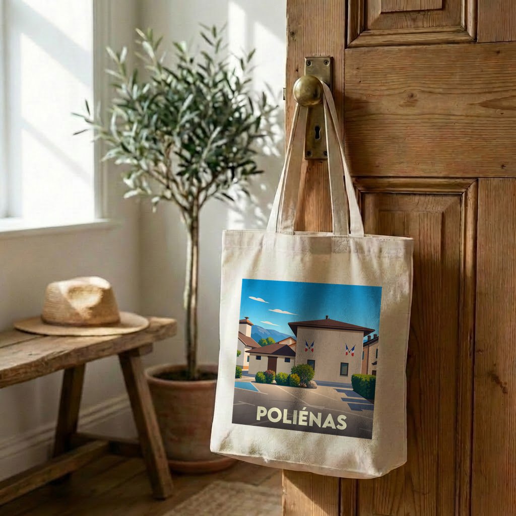 Tote bag souvenir de la ville de Poliénas avec une illustration stylisée.