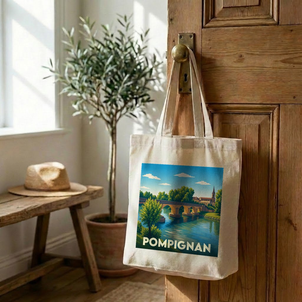 Tote bag souvenir de la ville de Pompignan orné d'une illustration stylisée d'un pont sur une rivière.