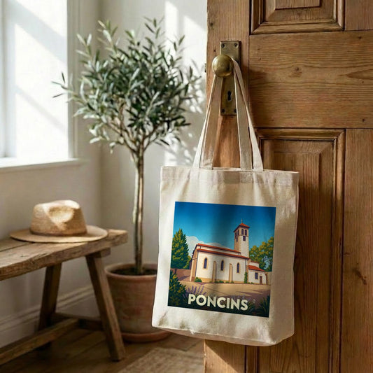 Tote bag souvenir de la ville de Poncins orné d'une illustration stylisée de son église.