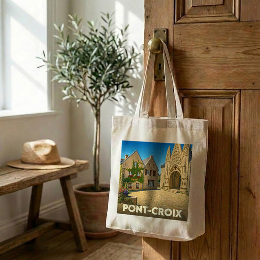Tote bag souvenir de la ville de Pont-Croix avec une illustration stylisée.