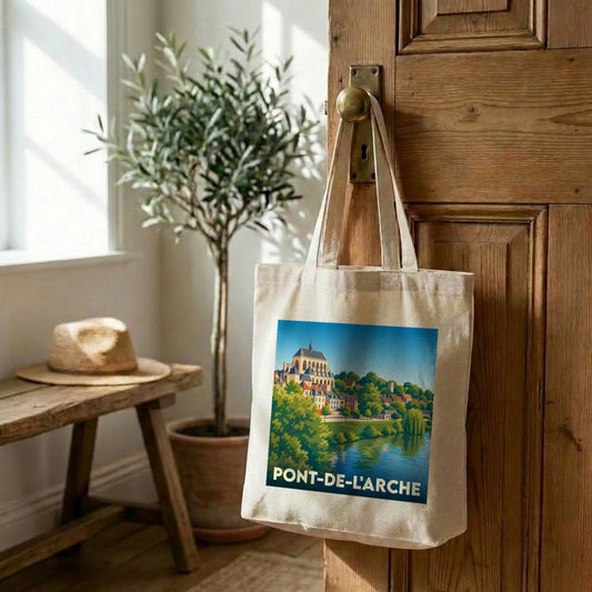 Tote bag souvenir de la ville de Pont-de-l'Arche avec une illustration stylisée.