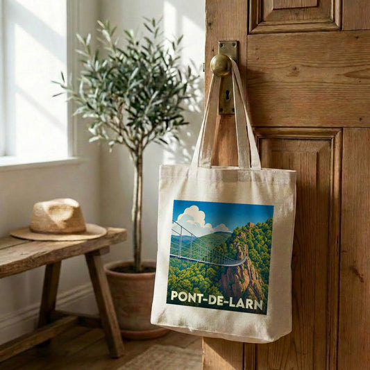Tote bag souvenir de la ville de Pont-de-Larn avec une illustration stylisée d'une passerelle.