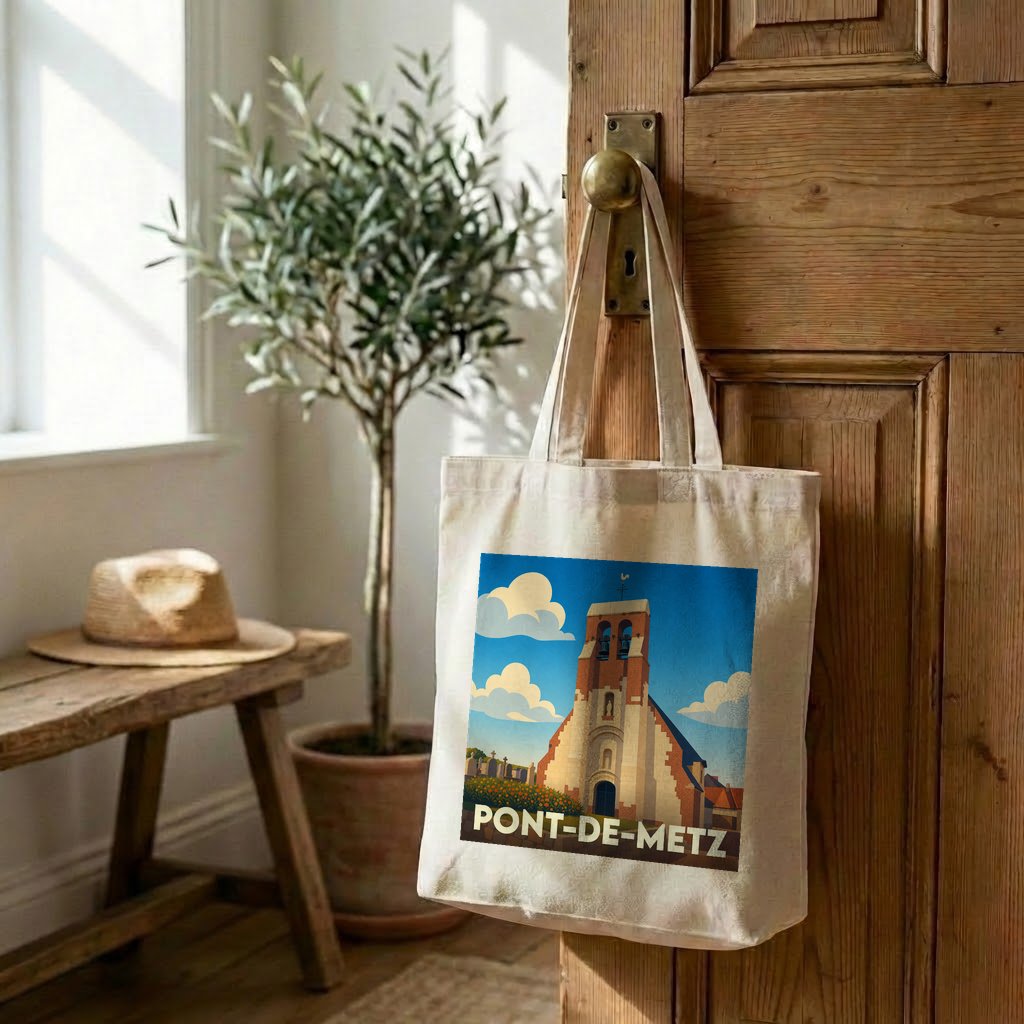 Tote bag souvenir de la ville de Pont-de-Metz avec une illustration stylisée de son église.