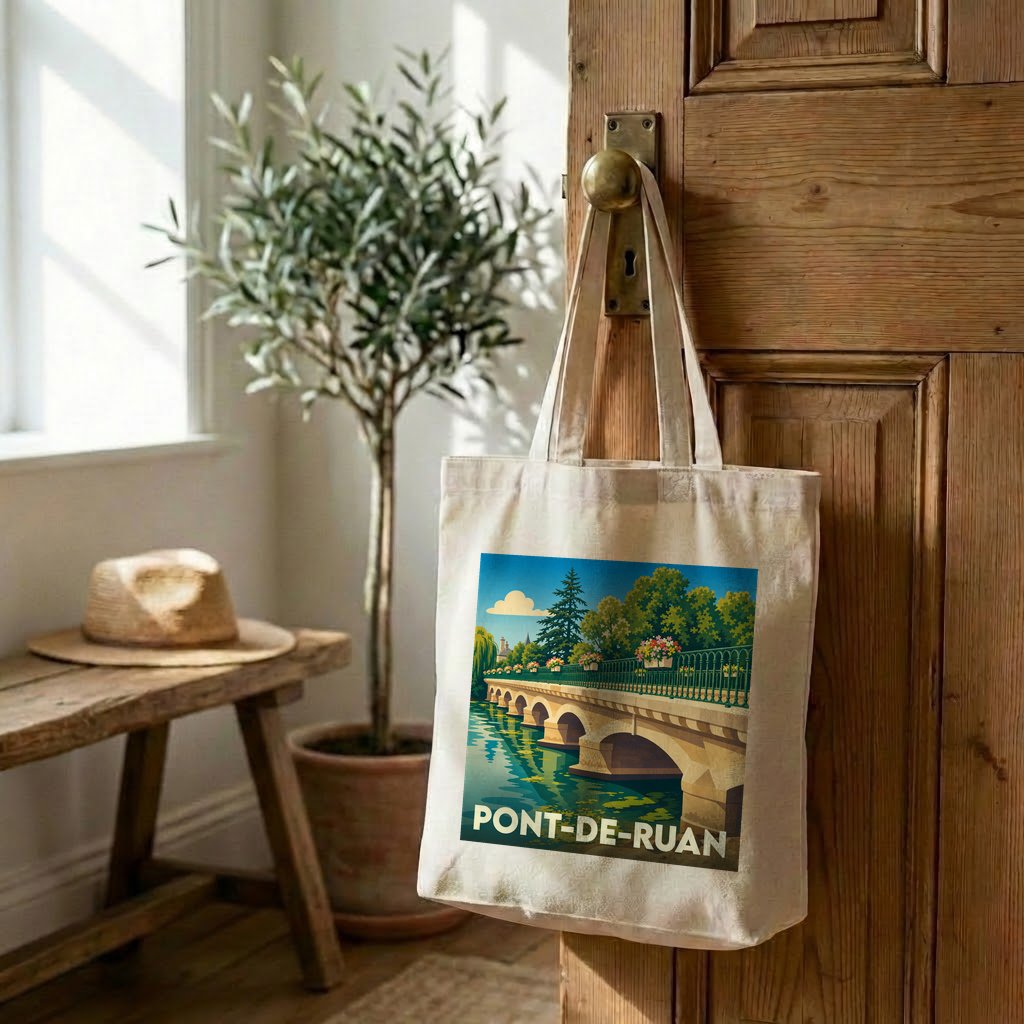Tote bag souvenir de la ville de Pont-de-Ruan avec une illustration stylisée de son pont.
