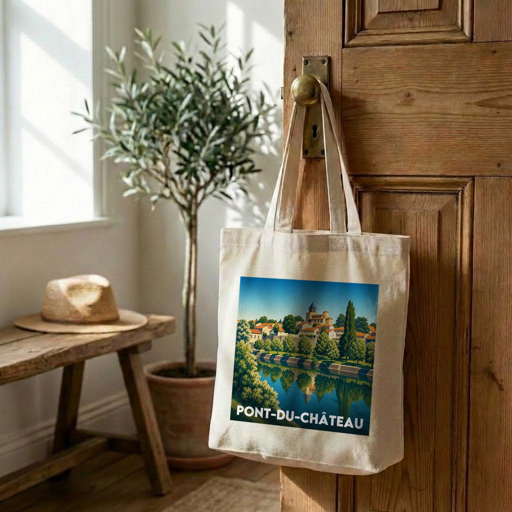 Tote bag souvenir de la ville de Pont-du-Château avec une illustration stylisée.